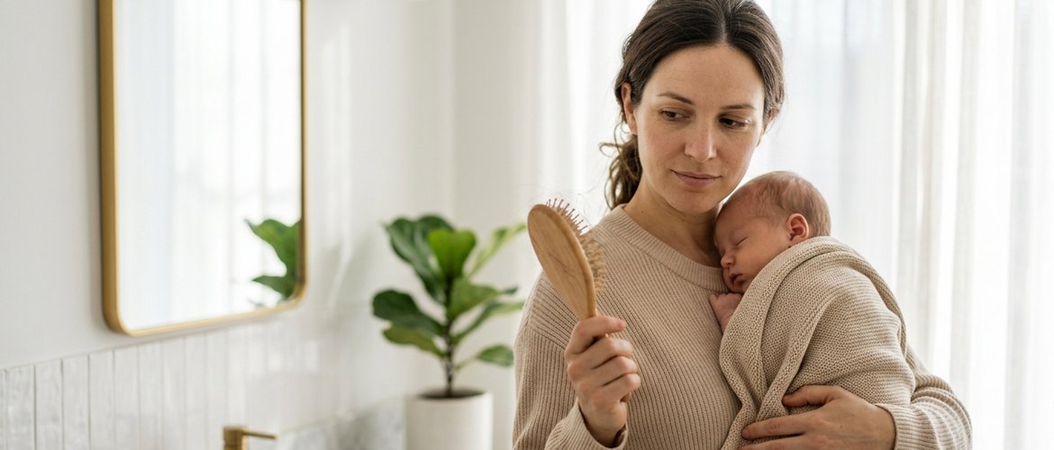 Mãe segurando escova de cabelo enquanto carrega bebê recém-nascido no colo, ilustrando a queda de cabelo pós-parto