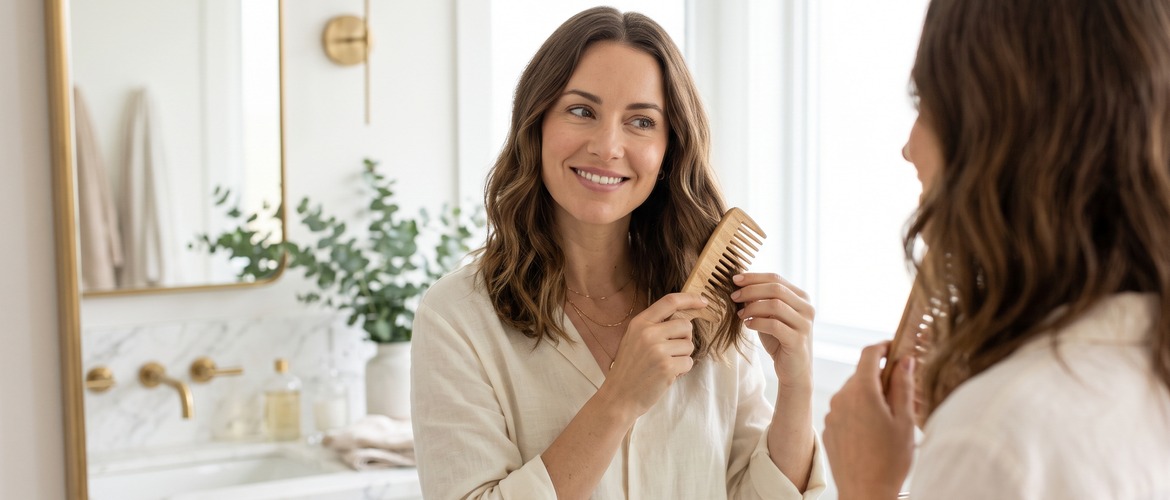 Mulher observando o cabelo no espelho, ilustrando mitos sobre queda de cabelo