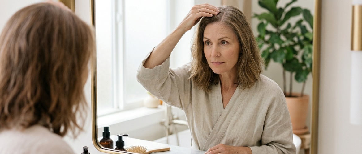 Mulher na menopausa observando o afinamento do cabelo no espelho