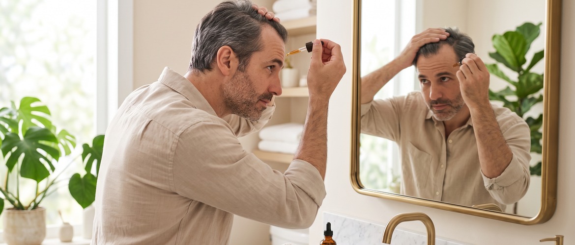 Homem aplicando minoxidil no couro cabeludo em frente ao espelho