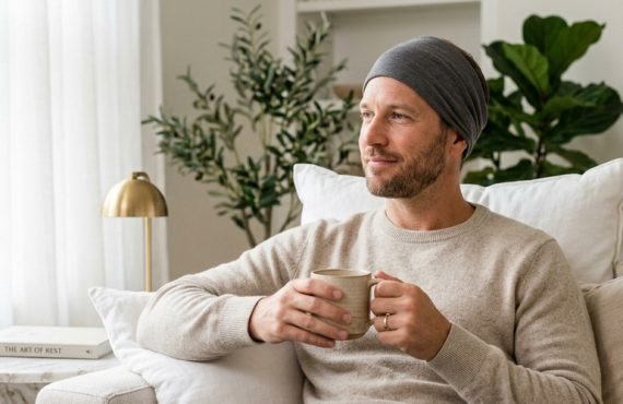 Paciente em repouso em casa após transplante capilar, tomando um café tranquilo no sofá