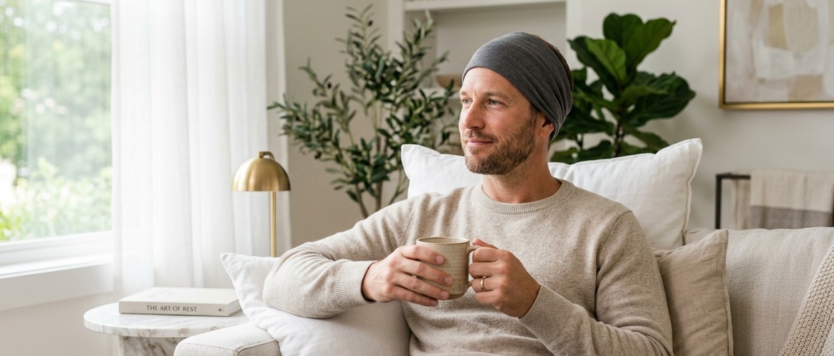 Paciente em repouso em casa após transplante capilar, tomando um café tranquilo no sofá