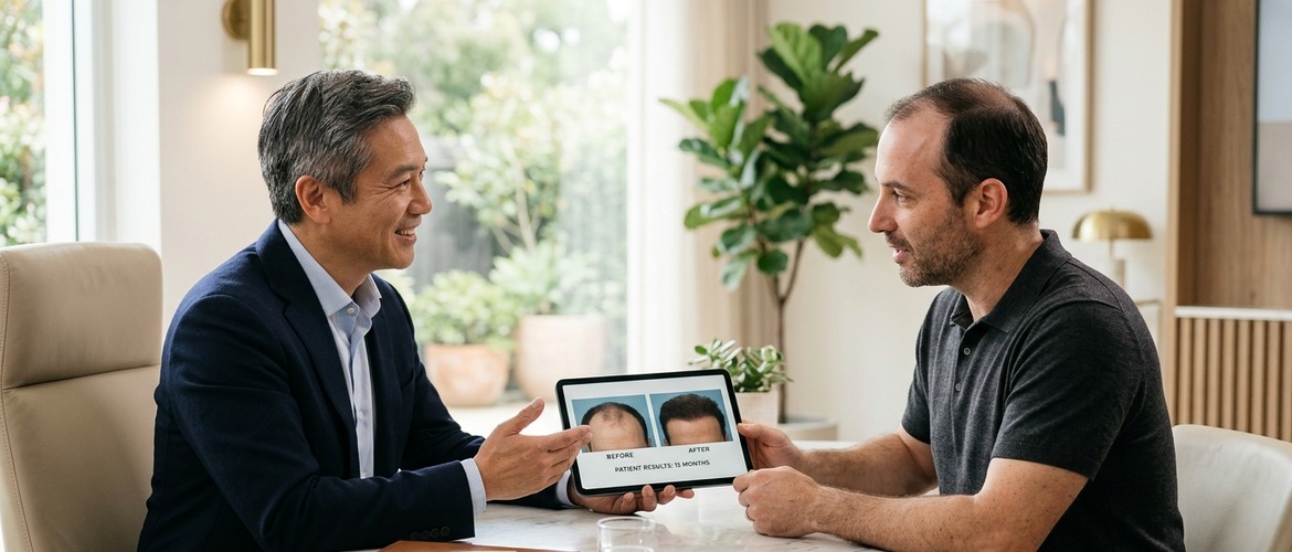Médico e paciente em consulta revisando fotos de antes e depois de transplante capilar