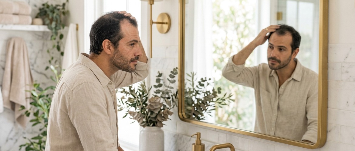 Homem observando entradas e recuo da linha capilar no espelho, sinal de alopecia androgenética