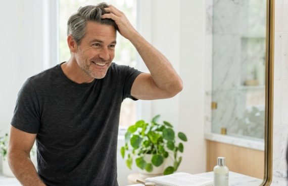 Homem observando o cabelo no espelho após transplante capilar