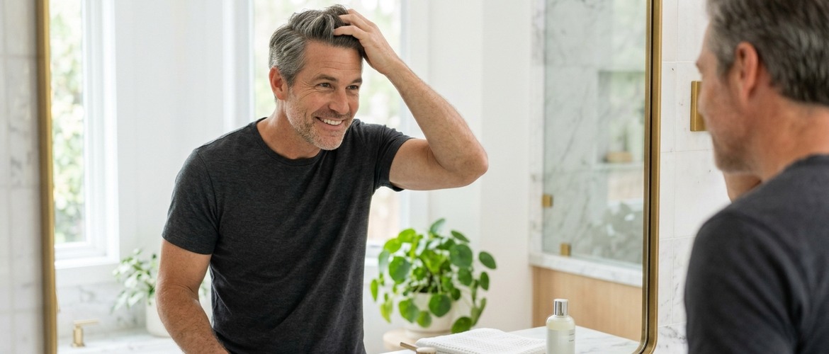 Homem observando o cabelo no espelho após transplante capilar