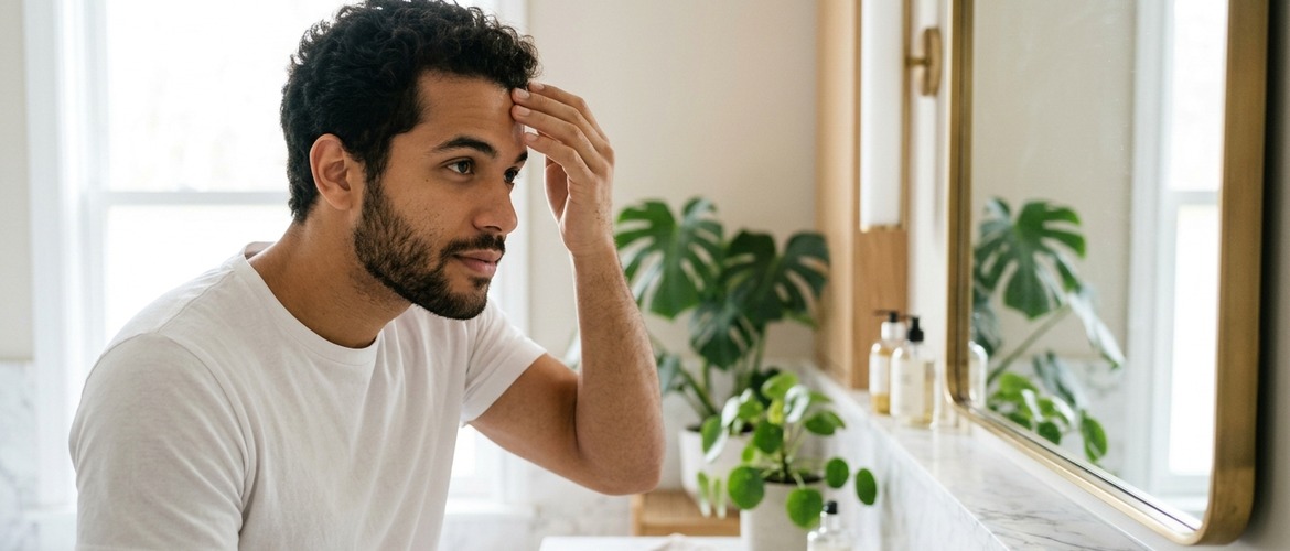 Homem jovem observando as entradas do cabelo no espelho, ilustrando as causas da queda de cabeloHomem jovem observando entradas no cabelo no espelho