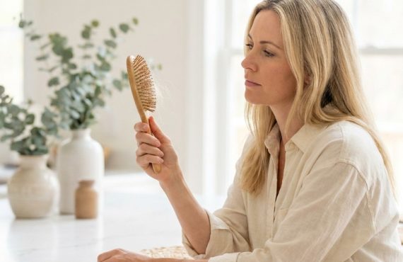 Mulher observando escova de cabelo com fios, possível sinal de ferritina baixa