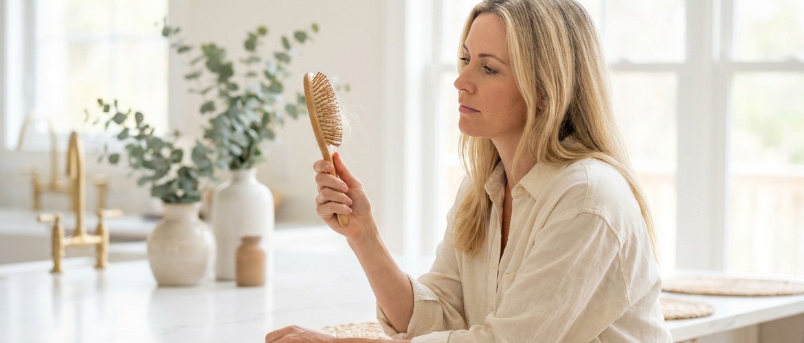 Mulher observando escova de cabelo com fios, possível sinal de ferritina baixa